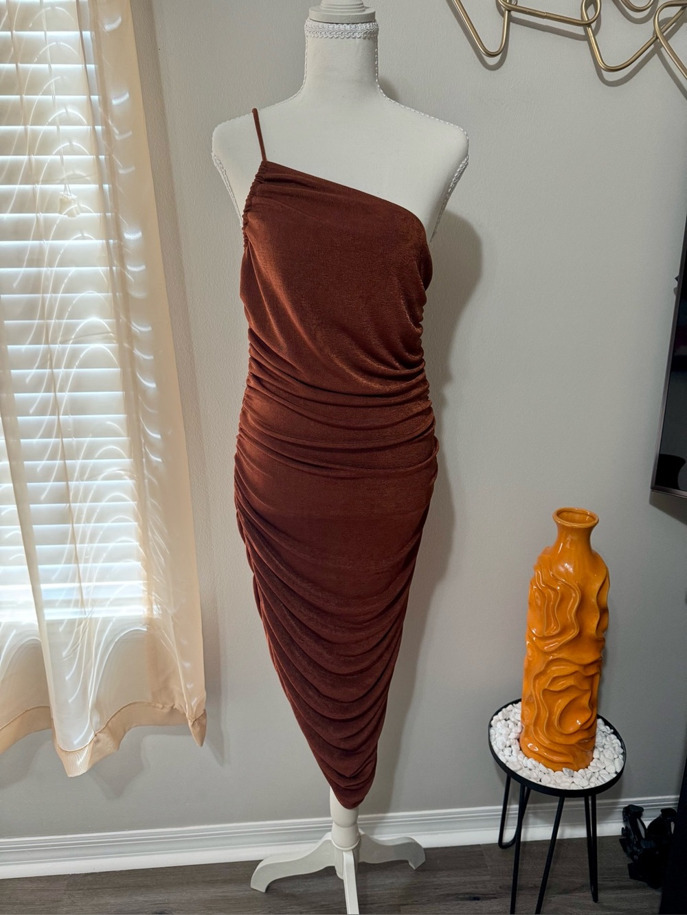 Fashion Nova One-Shoulder Ruched Chestnut Midi Dress